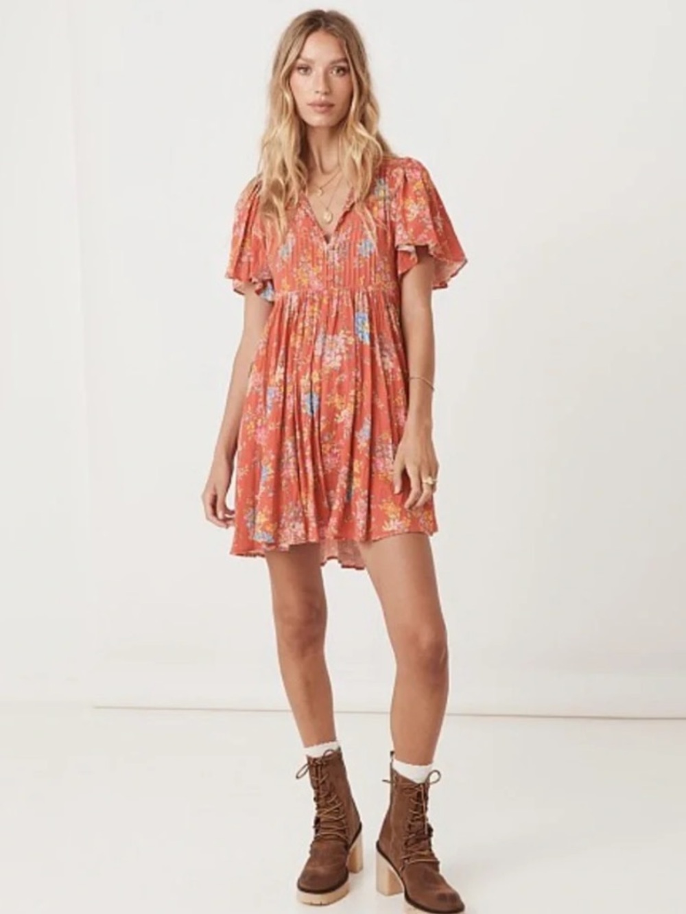Spell & the Gypsy Meadowland V-Neck Flutter Sleeve Mini Dress - poppy L